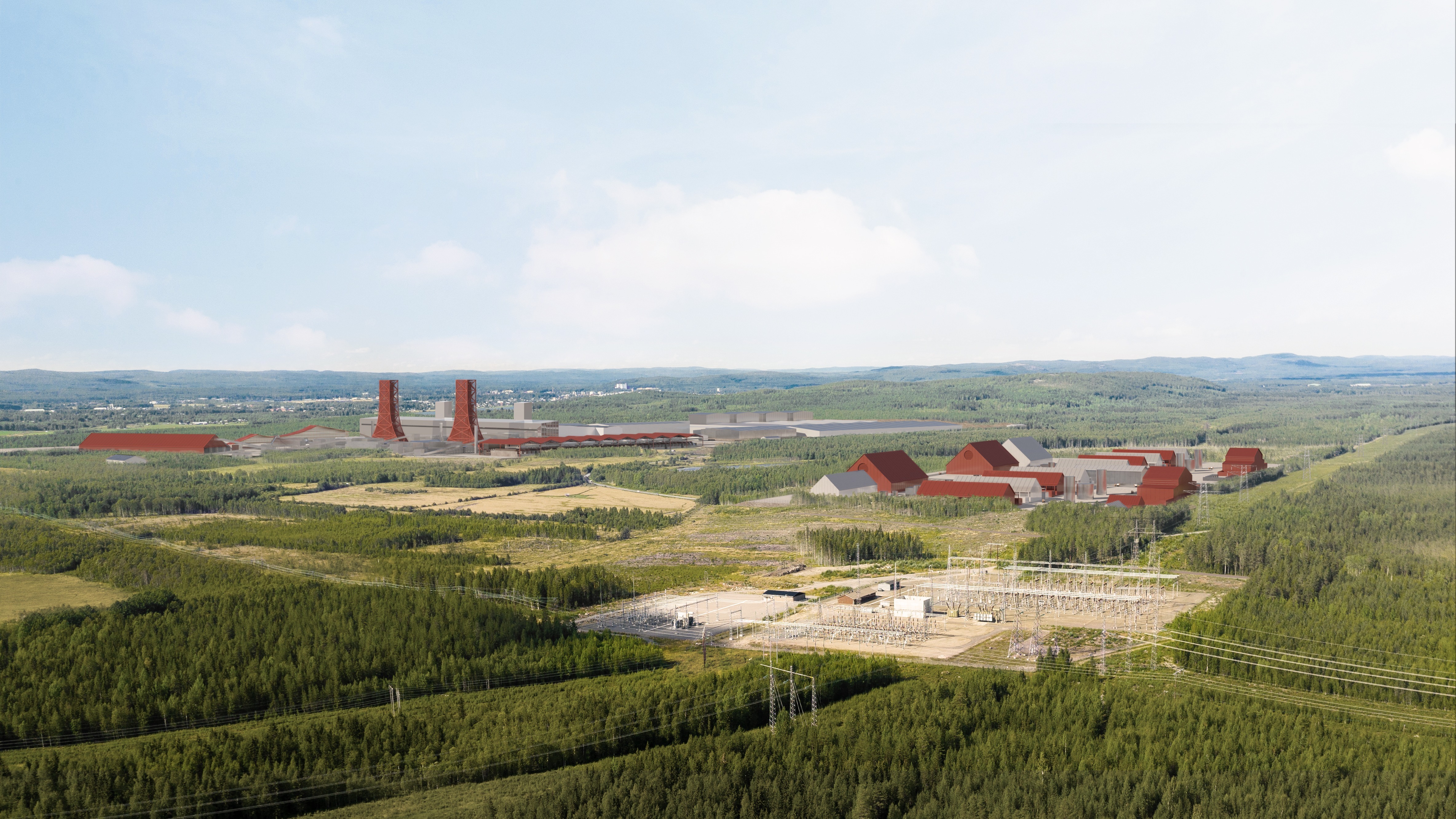 Visionsbild över H2 Green Steels planerade stålverk och vätgasanläggning.